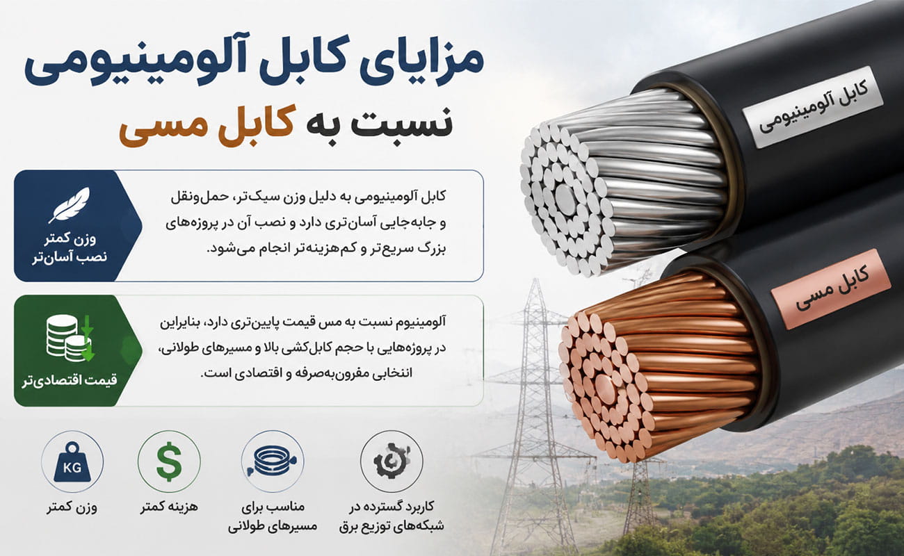 مزایای کابل آلومینیومی نسبت به کابل مسی از نظر وزن کمتر، نصب آسان‌تر و قیمت اقتصادی‌تر